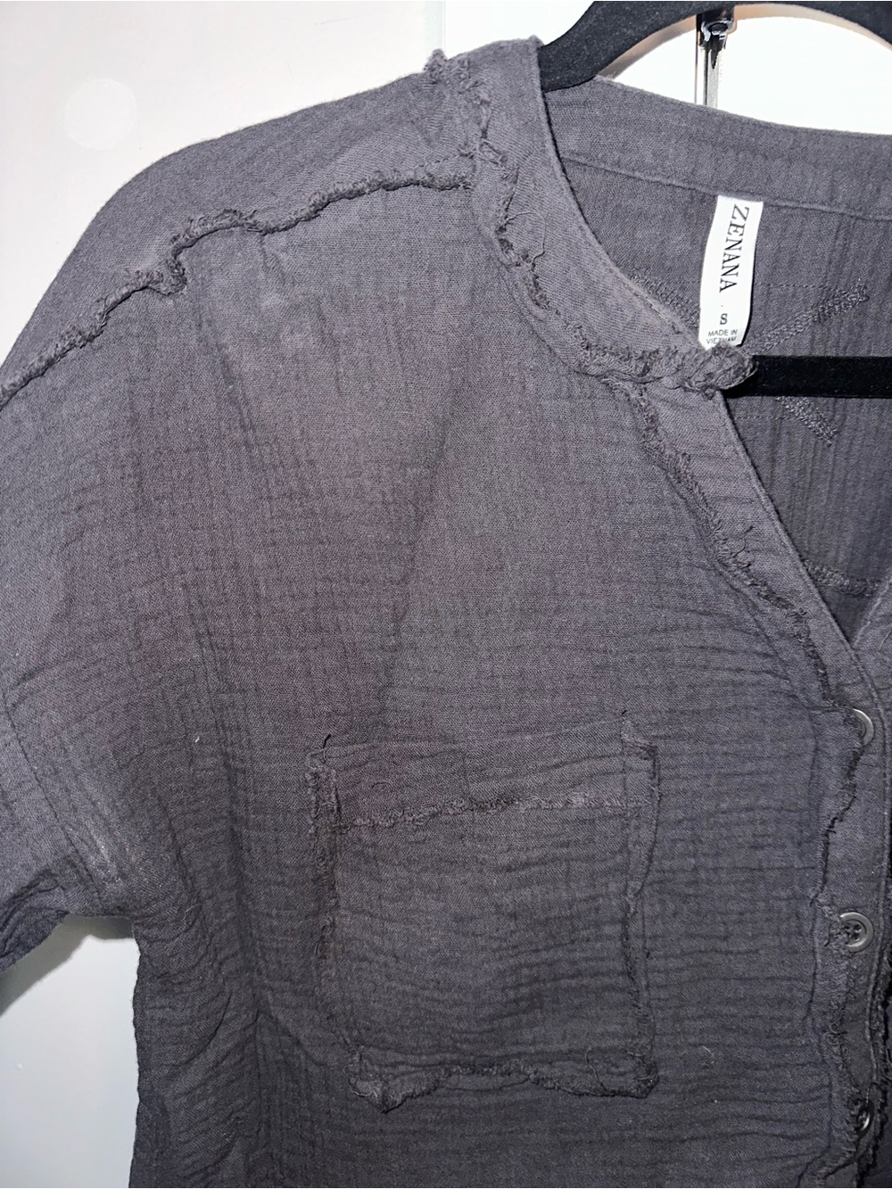 Zenana Size Small Washed Charcoal Long-Sleeve Henley Top - Picture 4 of 10